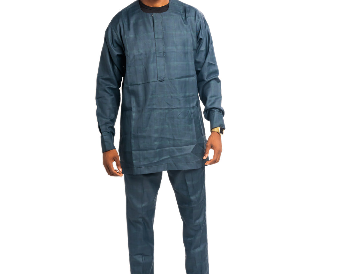 Agbada Suit Plaid Teal